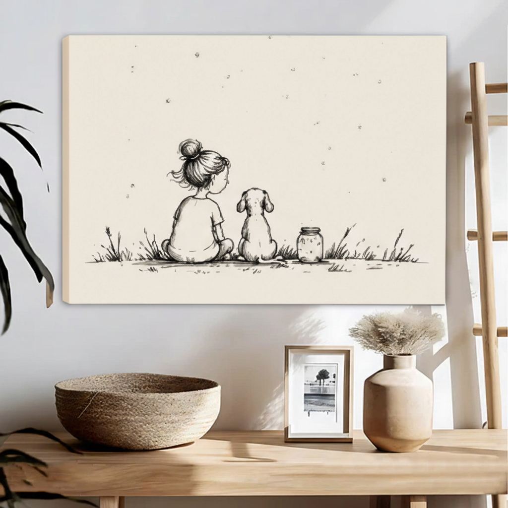 Whimsical girl and dog watching fireflies in jar float frame canvas wall art above wooden console table with woven bowl and dried grass vase on white wall in contemporary living room