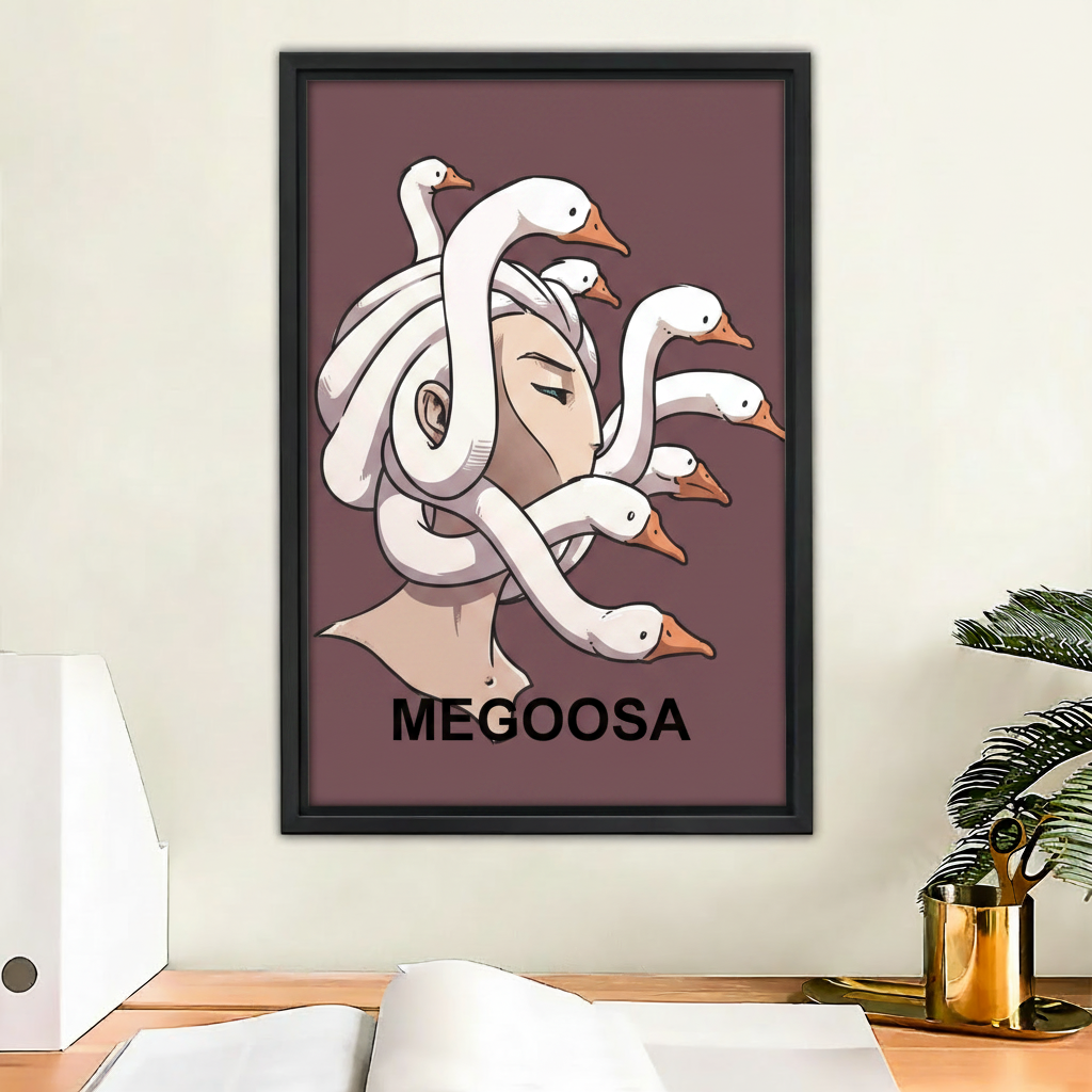 Megoosa funny goose Medusa mythology canvas wall art – humorous Greek myth print for modern home decor