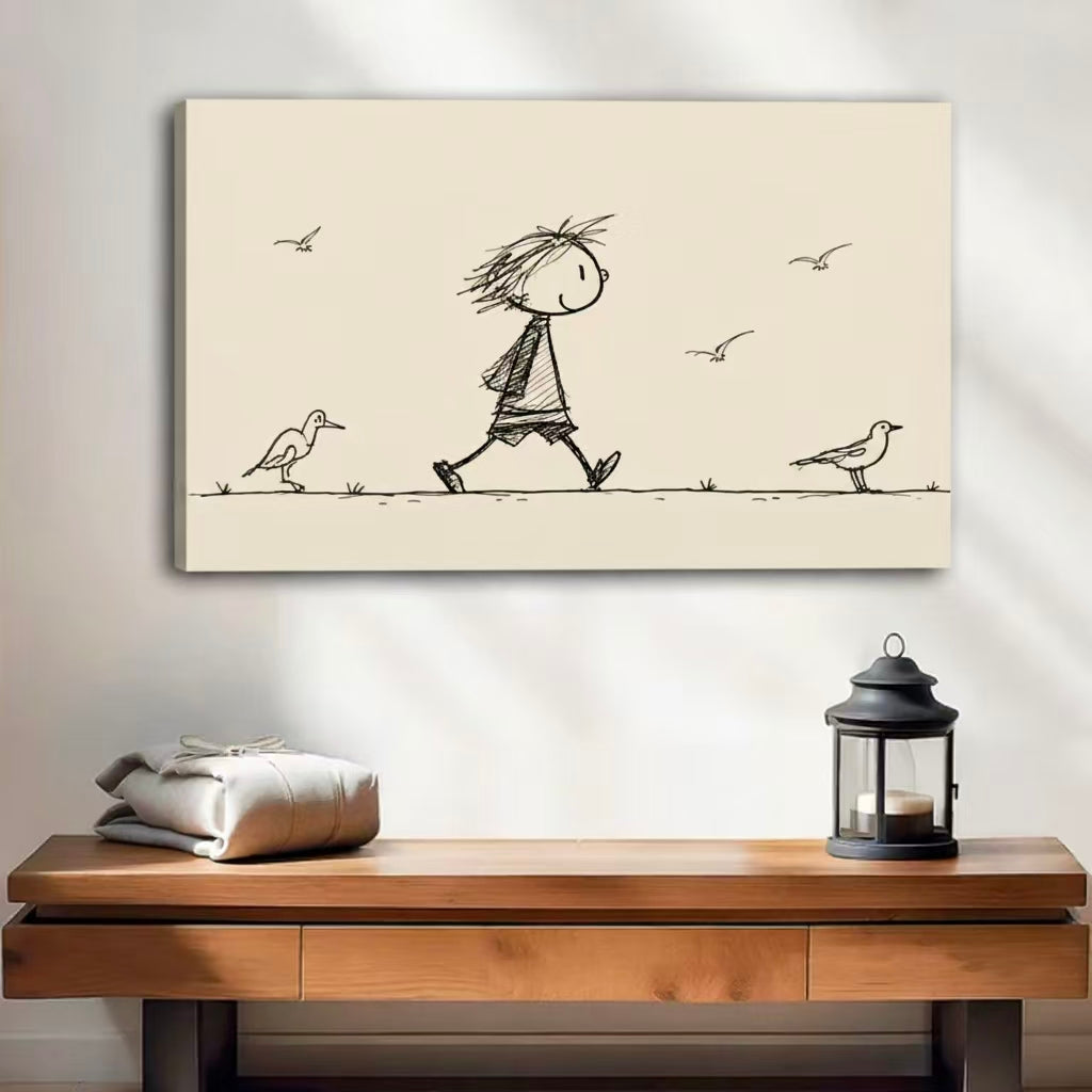 Whimsical child walking seagulls minimalist ink sketch gallery wrap canvas print wall art