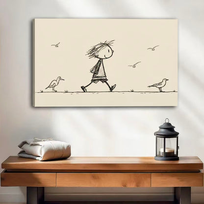 Whimsical child walking seagulls minimalist ink sketch gallery wrap canvas print wall art