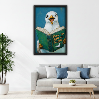 Humorous seagull reading book canvas print, black frame, children bedroom wall art, funny animal decor