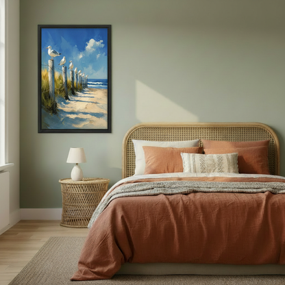 Seagull beach impressionist canvas wall art in black frame in cozy bedroom — coastal ocean painting with golden dune grass, calm nautical decor