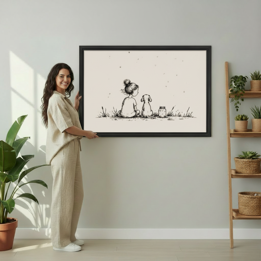 Woman holding large framed girl and dog firefly jar minimalist line drawing wall art print in black frame showing actual print size in bright botanical studio with plant shelf