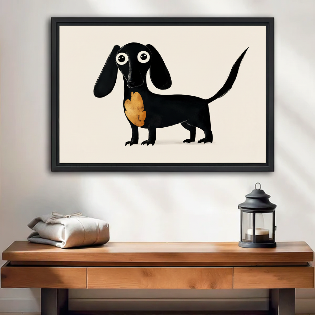 Dachshund wall art in black floating frame, cute whimsical dog print hung above entryway console table, minimalist home decor