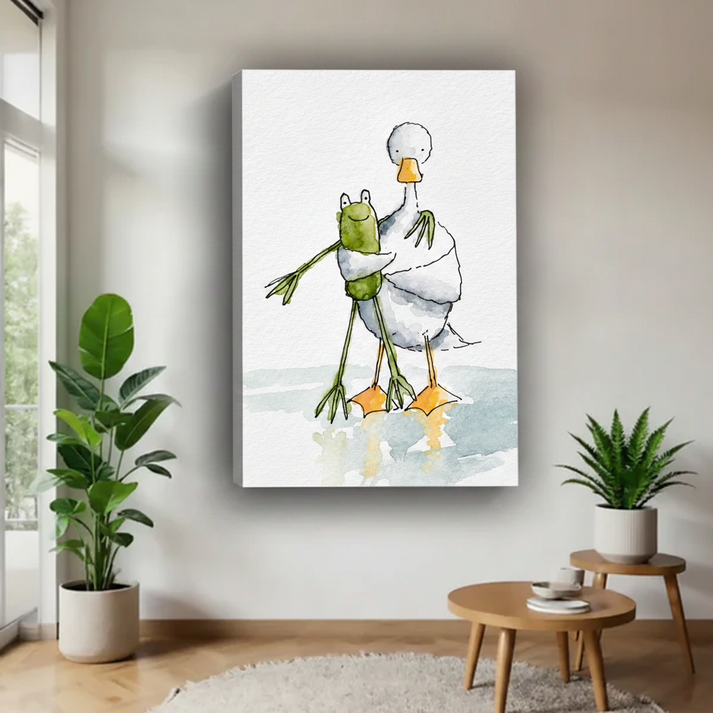 Whimsical frog and goose watercolor wall art – framed illustration print, charming eclectic home decor