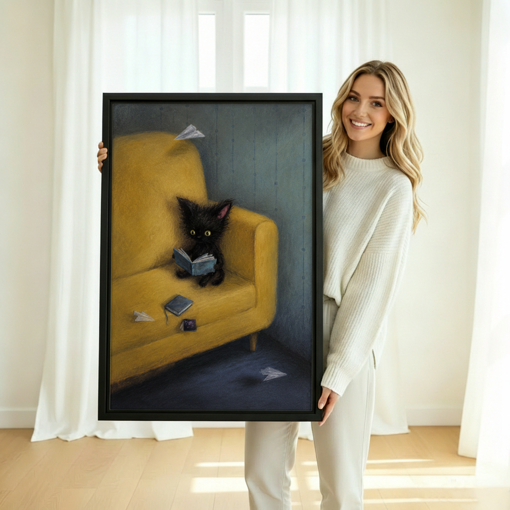 Woman holding black kitten reading framed