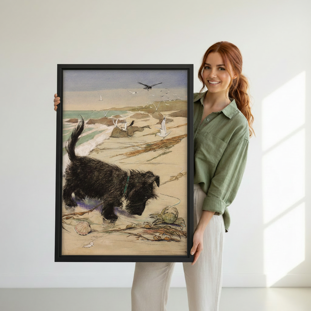 Woman holding large vintage Scottie dog beach framed canvas print — dog lover wall art gift idea