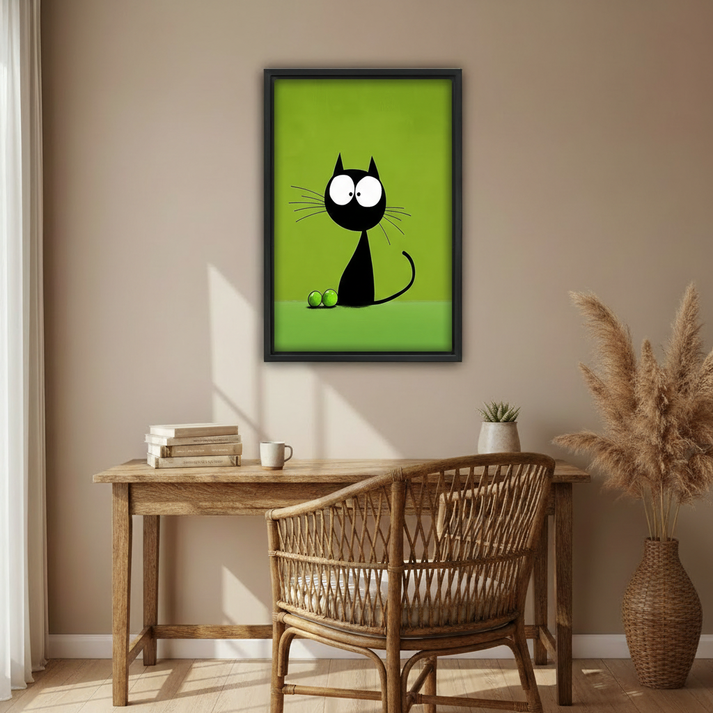 Black cat with green balls pop art canvas, unique modern wall art gift