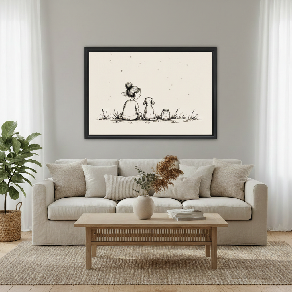 Cute girl and dog sitting together firefly jar nature minimalist line art wall art print in black frame above cream linen sofa with oak coffee table and pampas grass in Scandinavian living room