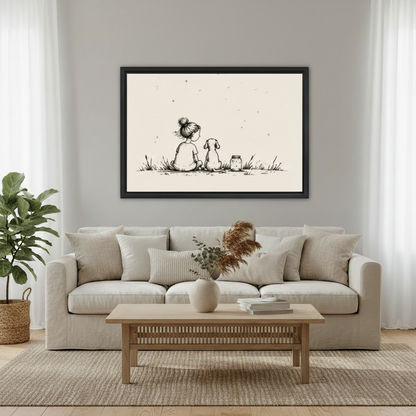 Cute girl and dog sitting together firefly jar nature minimalist line art wall art print in black frame above cream linen sofa with oak coffee table and pampas grass in Scandinavian living room