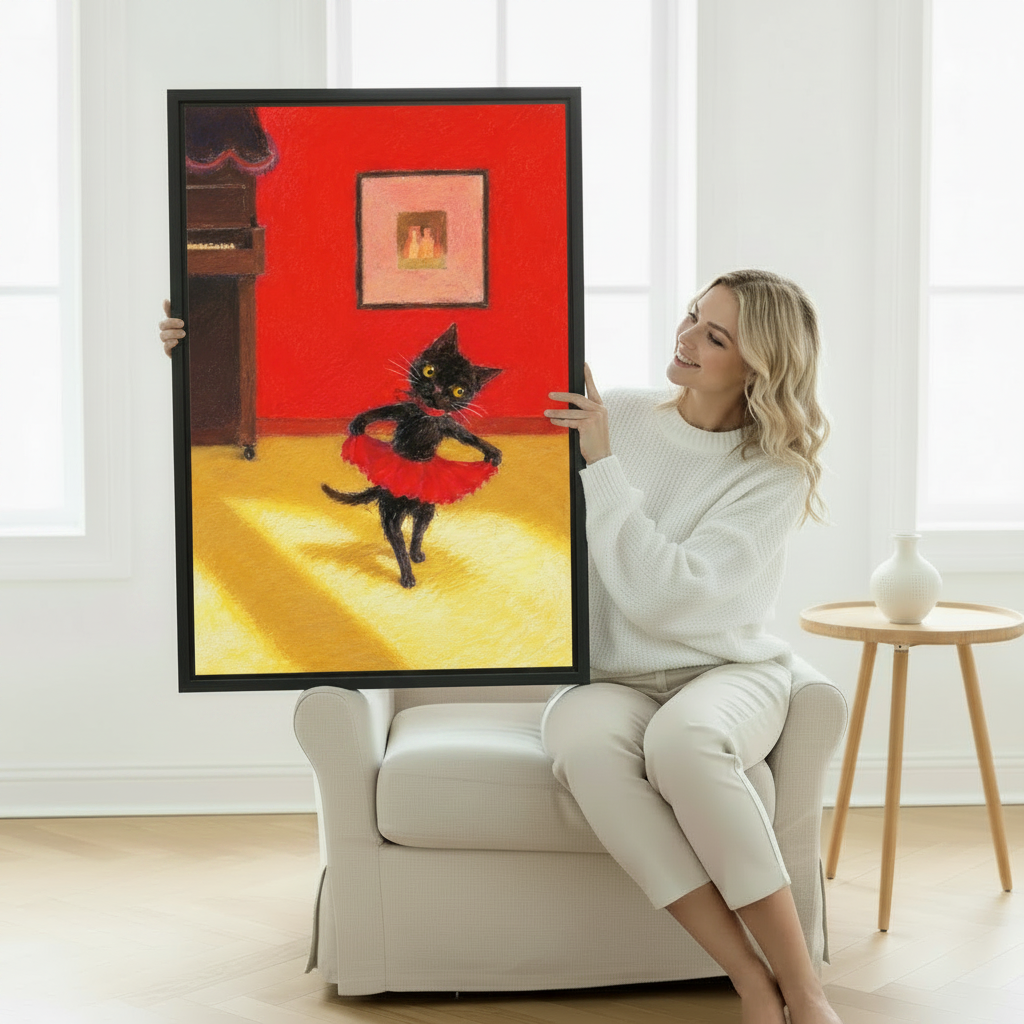Woman holding black cat ballet framed canvas print – eclectic oil painting wall art