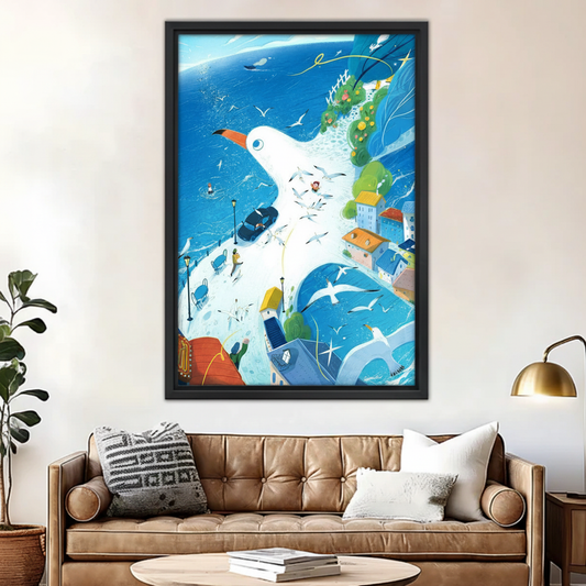 Whimsical giant seagull coastal town canvas wall art, vibrant blue ocean illustration