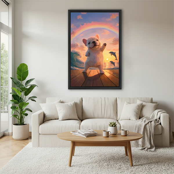 French bulldog sunset rainbow wall art print above cream sofa in Scandinavian living room