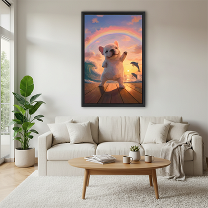 French bulldog sunset rainbow wall art print above cream sofa in Scandinavian living room
