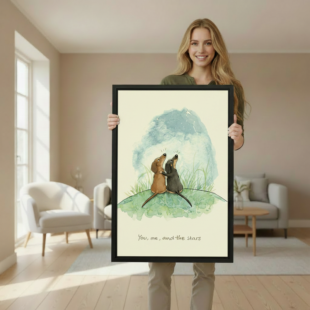 Woman holding large framed two dachshunds stargazing you me and the stars watercolor wall art print in black frame showing actual print size in bright minimalist living room with cream armchairs