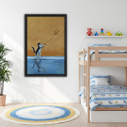 Cat reaching golden star framed wall art in kids bedroom, inspirational nursery decor