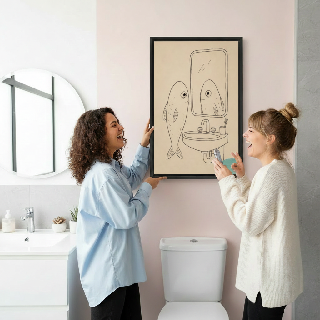 Two women hanging funny fish bathroom mirror framed art print, black frame, showing actual print size in a pink bathroom