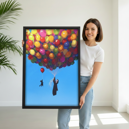  Woman holding large framed grim reaper black cat colorful balloon wall art print, black frame, vibrant oil painting style, showing actual print size