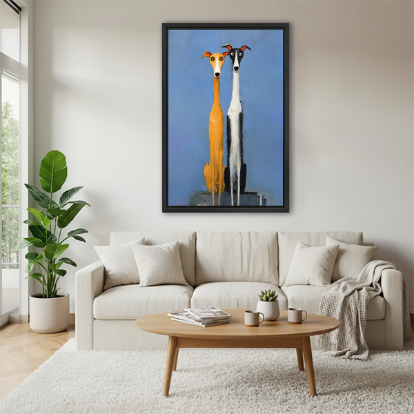 Woman holding large whimsical greyhound duo wall art print