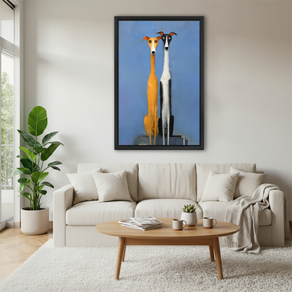 Woman holding large whimsical greyhound duo wall art print
