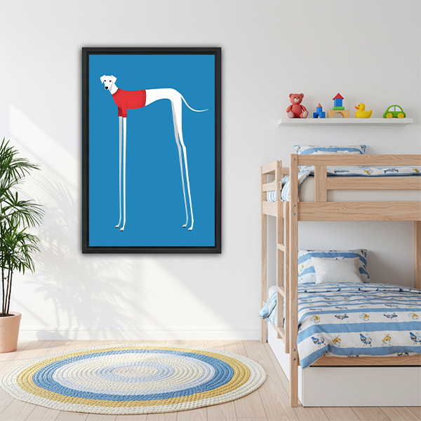 Funny greyhound dog red sweater pop art framed canvas wall art in kids bedroom