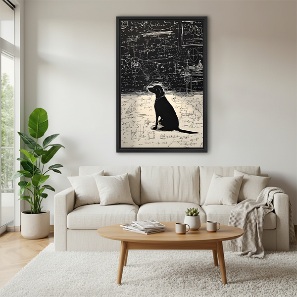 Genius dog math formula black white framed canvas wall art above cream sofa in modern Scandinavian living room with round coffee table and throw blanket