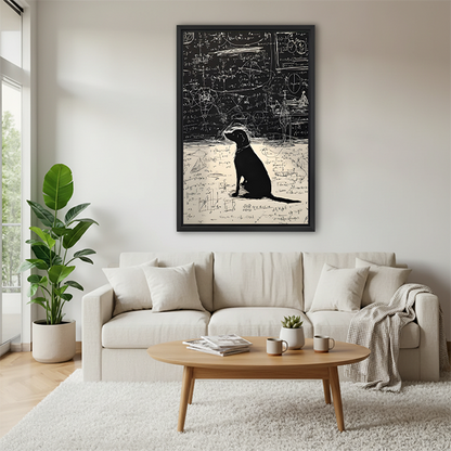 Genius dog math formula black white framed canvas wall art above cream sofa in modern Scandinavian living room with round coffee table and throw blanket