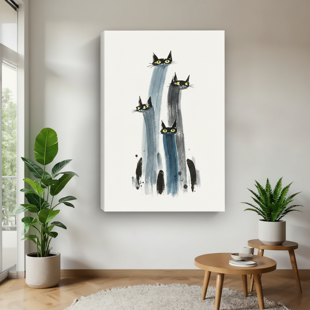 Minimalist black cat watercolor gallery wrap canvas print in contemporary living room with green plants