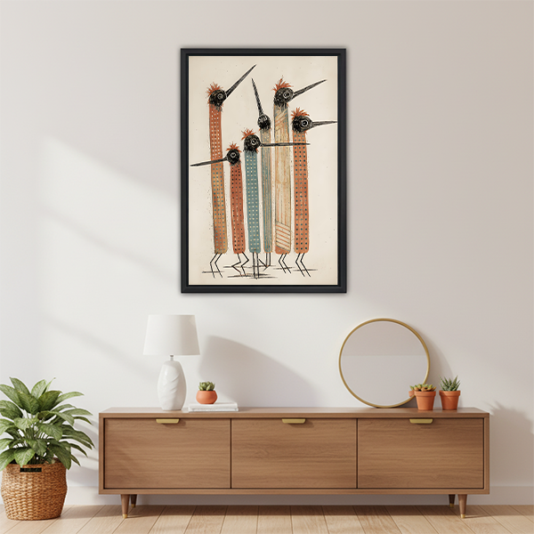 Five tall abstract tribal birds with red fluffy crests long pointed beaks striped terracotta and grey-blue bodies with dot texture patterns folk art hand-drawn illustration on aged cream background framed wall art hung on white wall above mid-century modern walnut media console with white ceramic lamp small cactus gold round mirror terracotta pots and wicker basket plant