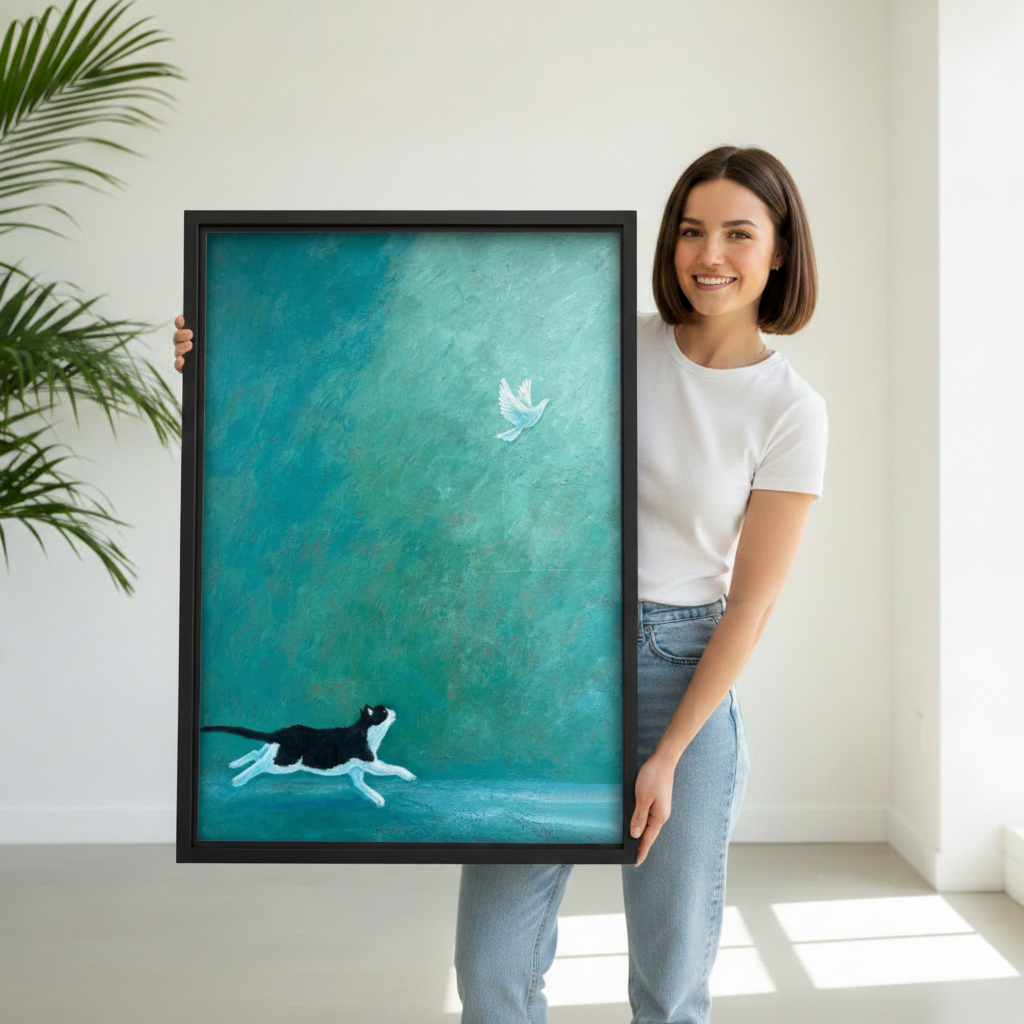 Woman holding large framed black and white cat chasing bird wall art print, black frame, teal oil painting style, showing actual print size