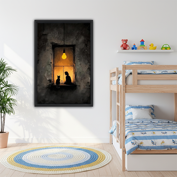 Girl cat window glowing bulb dark oil painting framed wall art in kids bedroom