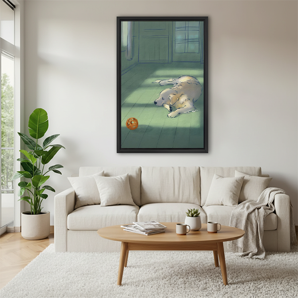 Cute golden retriever dog illustration framed wall art above white sofa in Scandinavian living room