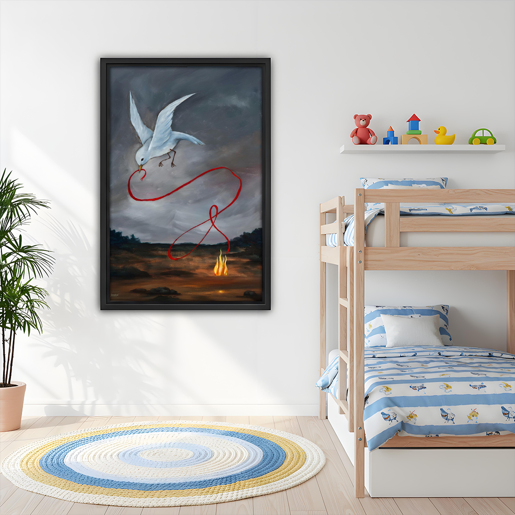 Surreal white bird and red thread framed wall art in kids bedroom above bunk bed