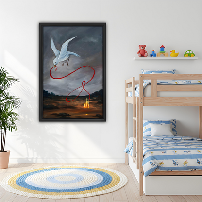 Surreal white bird and red thread framed wall art in kids bedroom above bunk bed