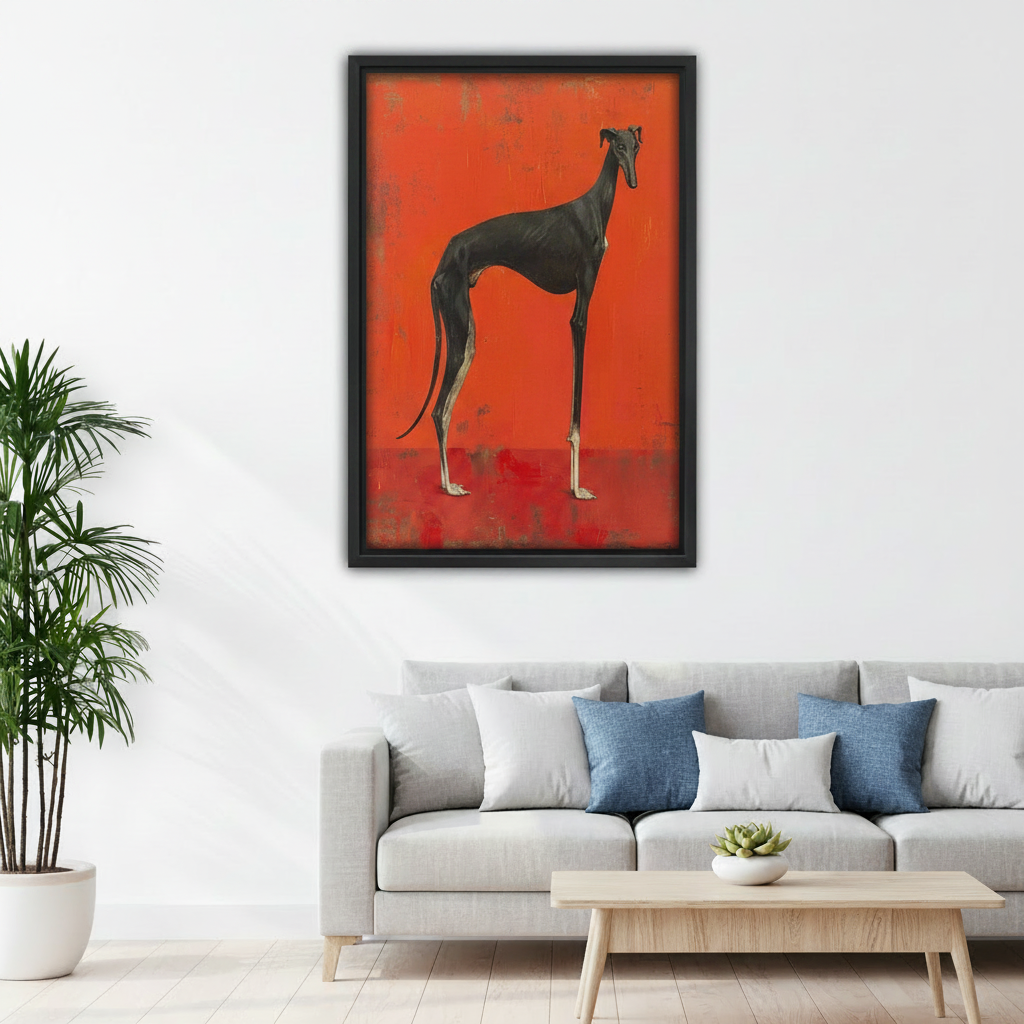 Blackhound wall art print hung above sofa in modern living room, bold red animal canvas