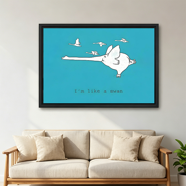 "I'm Like a Swan" pig swan art framed print, teal funny animal wall art, black frame living room sofa wall decor