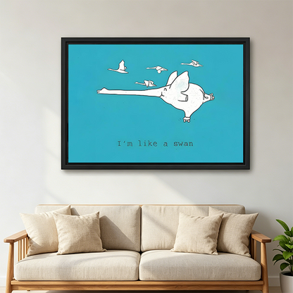 "I'm Like a Swan" pig swan art framed print, teal funny animal wall art, black frame living room sofa wall decor
