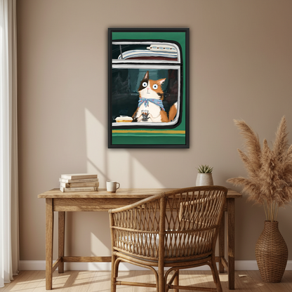 Whimsical cat train framed art print above a rustic wooden desk with rattan chair in a sunlit study
