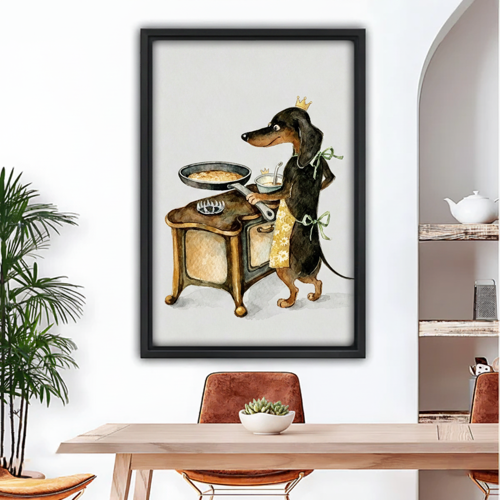 Royal dachshund cooking watercolor canvas wall art in black frame above wooden dining table in bright modern dining room