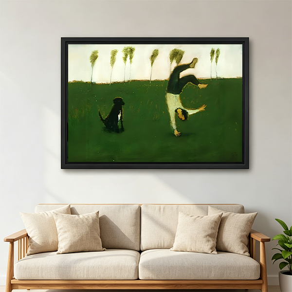 Framed canvas wall art of a joyful cartwheel figure and black dog on a green field, vintage oil painting style, living room sofa wall decor