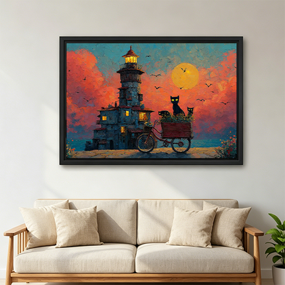 Fantasy Black Cat Lighthouse Sunset Framed Wall Art Above Sofa Living Room