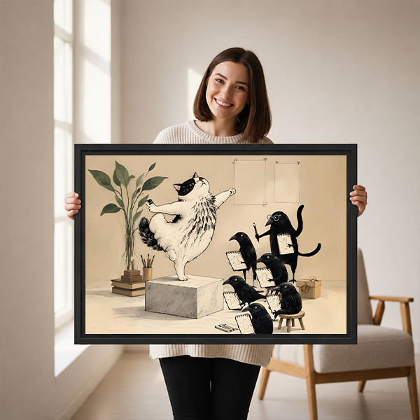 Woman holding framed cat conductor and animal choir canvas wall art in a bright room.