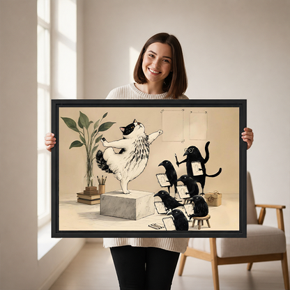 Woman holding framed cat conductor and animal choir canvas wall art in a bright room.