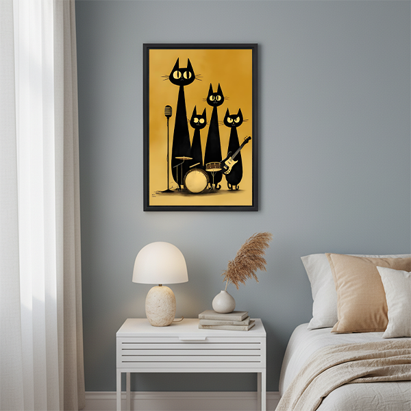 Black cat jazz band retro framed art print above white nightstand with mushroom lamp in cozy bedroom