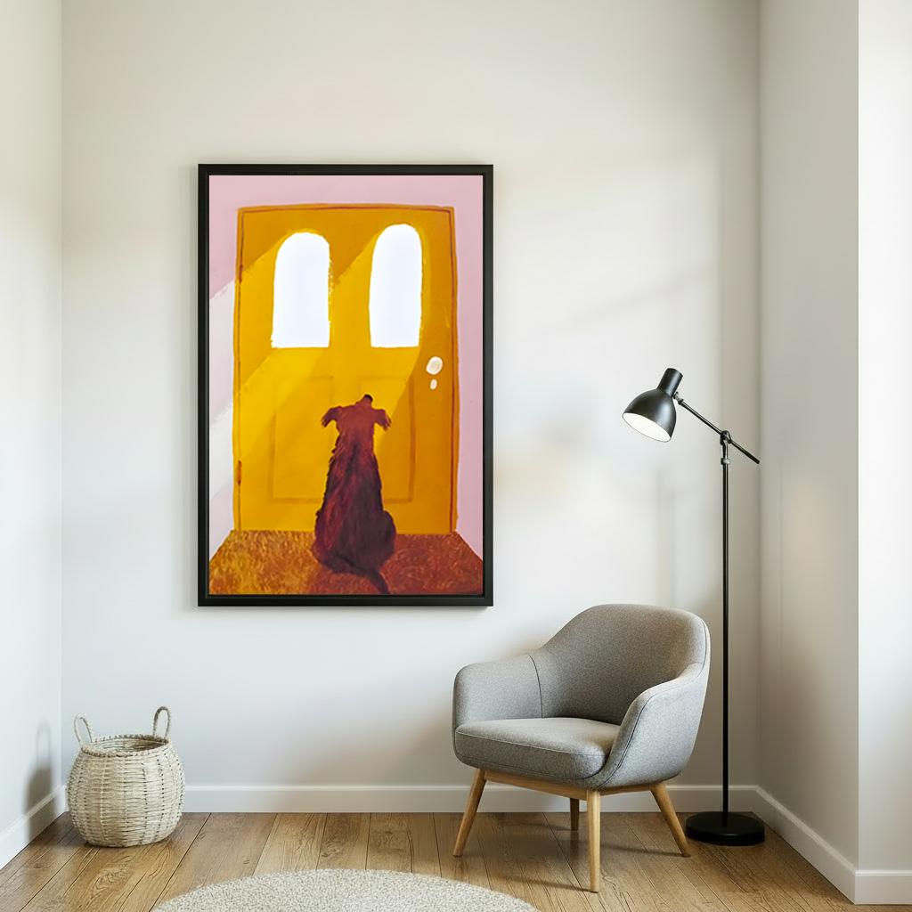 Dog at the door vintage oil painting framed wall art hung above grey armchair with floor lamp in Scandinavian reading nook