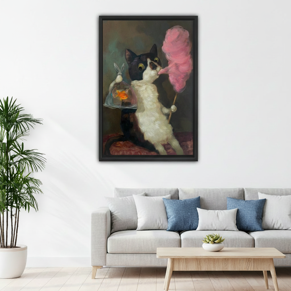 Quirky vintage cat canvas print hanging above living room sofa — eclectic whimsical wall decor
