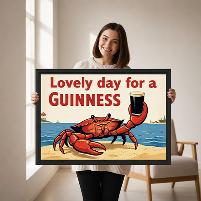 Framed Guinness crab canvas wall art showing a red crab and stout pint above a bed with white bedding.