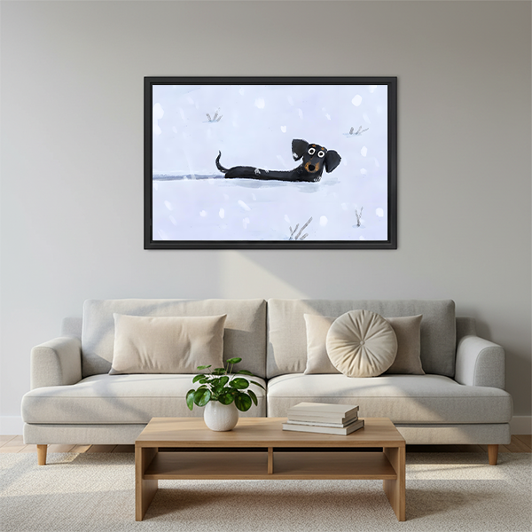 Snow Day funny dachshund framed wall art above beige sofa with round cushions in minimalist living room