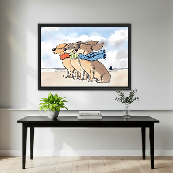 Framed watercolor dog art print hanging above black console in bright living room