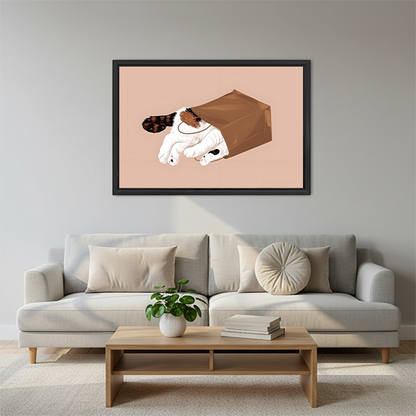 Funny cat hiding in paper bag minimalist illustration framed wall art above gray sofa in modern living room